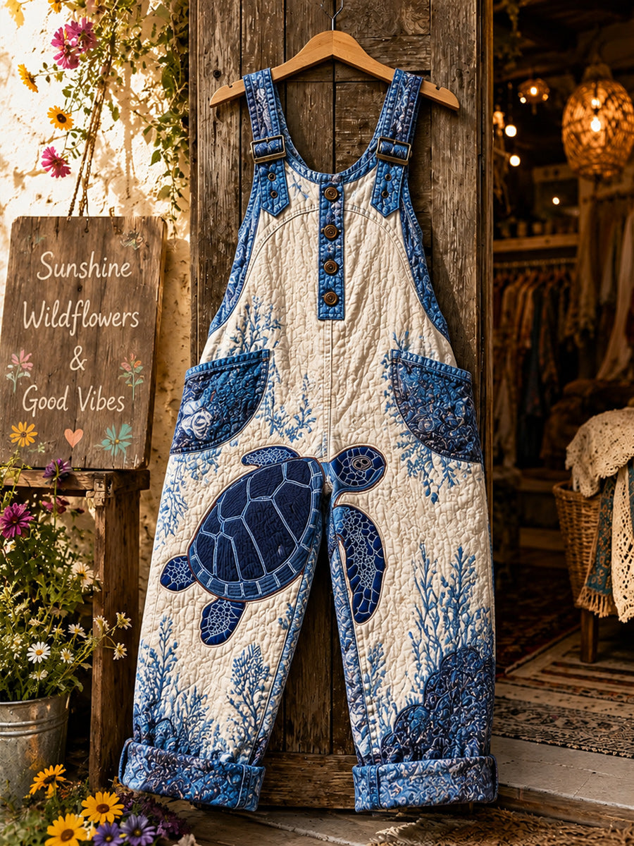 Women's Retro Style Art Print Washed Cotton Denim Patchwork Jumpsuit